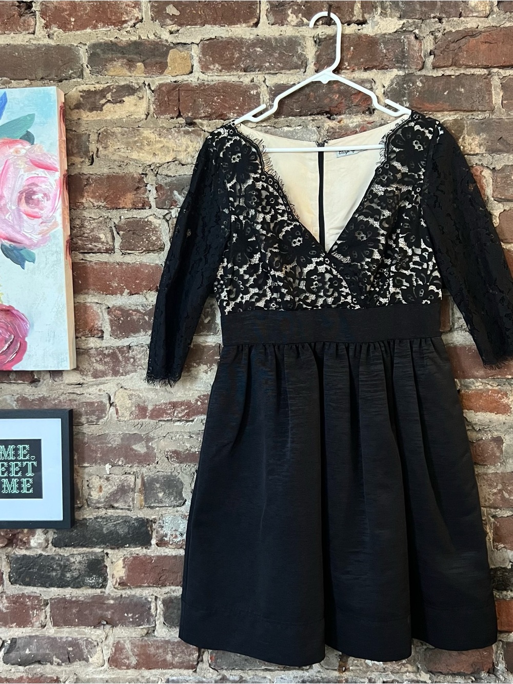 Eliza J Black Lace V-Neck Long Sleeve Fit-and-Flare Dress